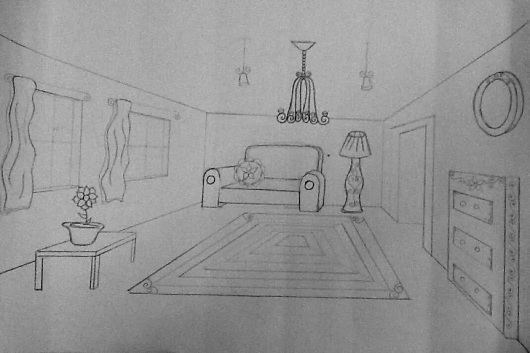 Рисунок комнаты 7 класс легко. Рисование интерьера комнаты. Рисунок комнаты. Комната карандашом. Нарисовать интерьер комнаты.