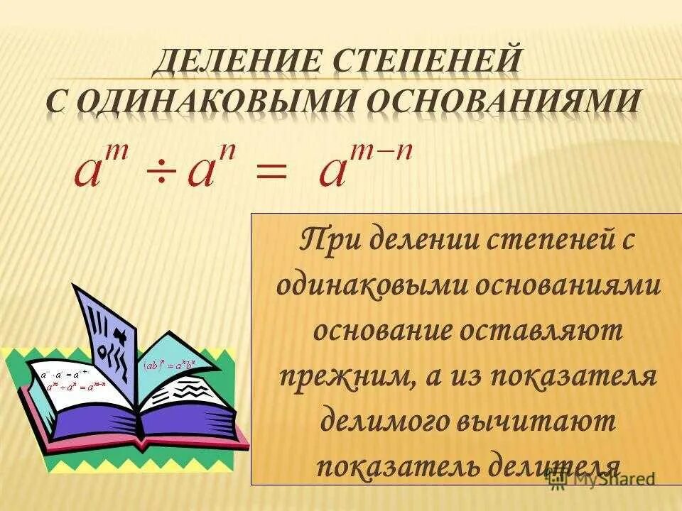 Правила степеней словами. При сложение степеней с одинаковыми основаниями. Умножение чисел в степени с разными степенями. Деление чисел с одинаковыми основаниями и разными степенями. Деление степеней с разными показателями и основаниями одинаковыми.