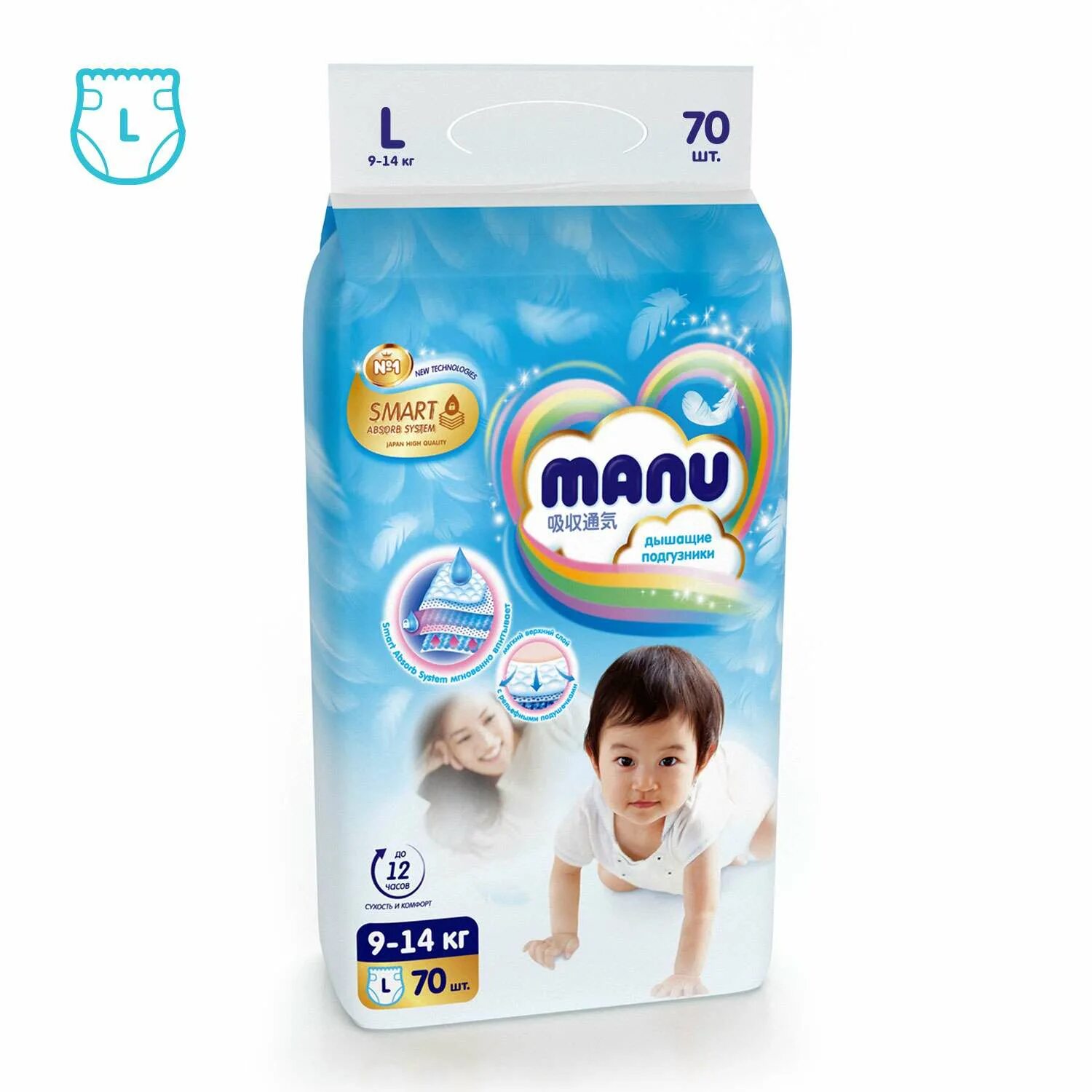 Ману 9. Подгузники ману l 70 шт.