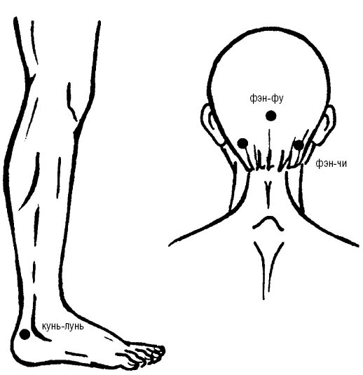 Тянь-Чжу точка акупунктуры. Кунь Лунь точка акупунктуры. Акупунктурная точка «фэн-фу». Кунь-Лунь точка от головной боли.