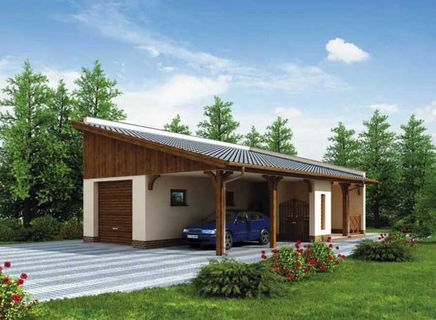 домик с навесом для машины. одноэтажный дом с гаражом и террасой под одной крышей. гараж с навесом. дом с навесом под одной крышей. дом с навесом и гаражом под одной крышей.