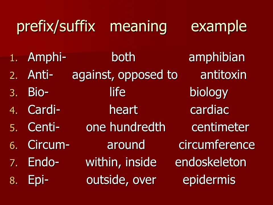 Suffix. Prefix. Meaning of suffixes. Common suffix and prefixes.