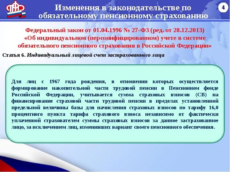 Индивидуальный учет в системе обязательного пенсионного страхования. ФЗ 27 от 01.04.1996 об индивидуальном персонифицированном учете. Индивидуальный персонифицированный учет в пенсионном страховании. Пенсионное застрахованные лица ФЗ. Деятельность органов пфр