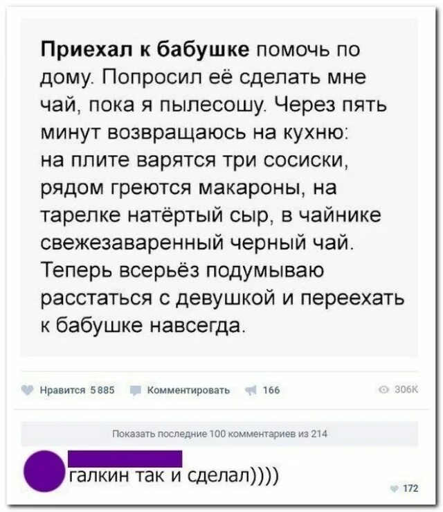 Домашние просят. Галкин так ничего и не понял. Может мне к бабушке переехать. Да Галкин так и сделал.