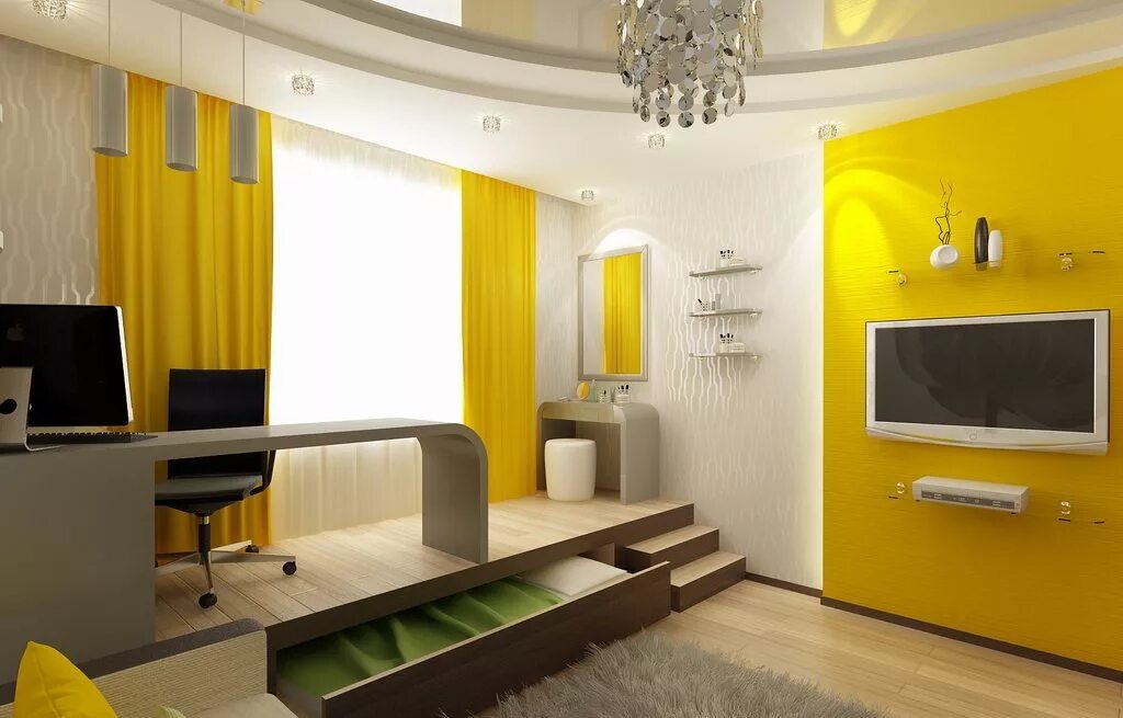 Квартира для мамы. Комната в желтом цвете. Дизайн комнаты в желтых тонах. Квартира в желтых тонах. Гостиная с подиумом.