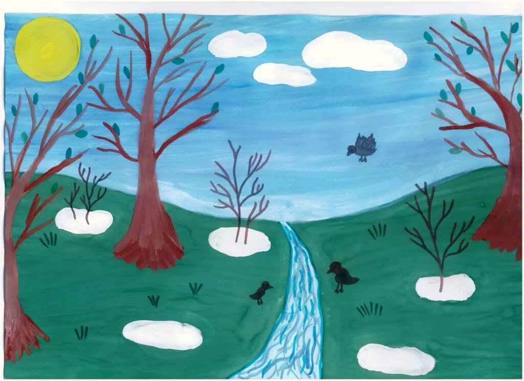 Рисунок на весеннюю тему. Весенний пейзаж для детей. Рисование весеннего пейзажа. 4 класс приход весны