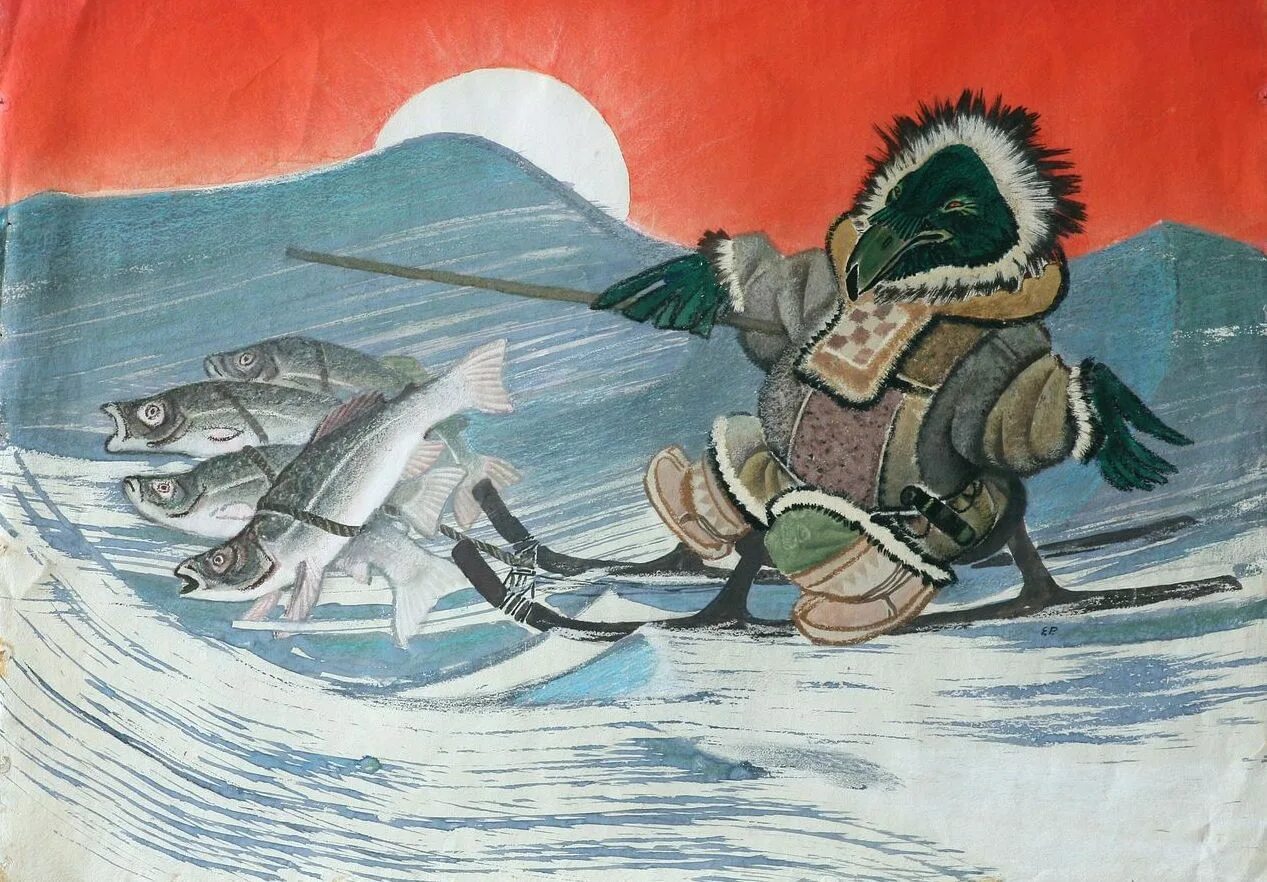 Изображение кутха в живописи. Ворон кутха сказки народов севера. камчатка ворон кутха. ворон кутха иллюстрации рачёва. чукотский ворон кутх.