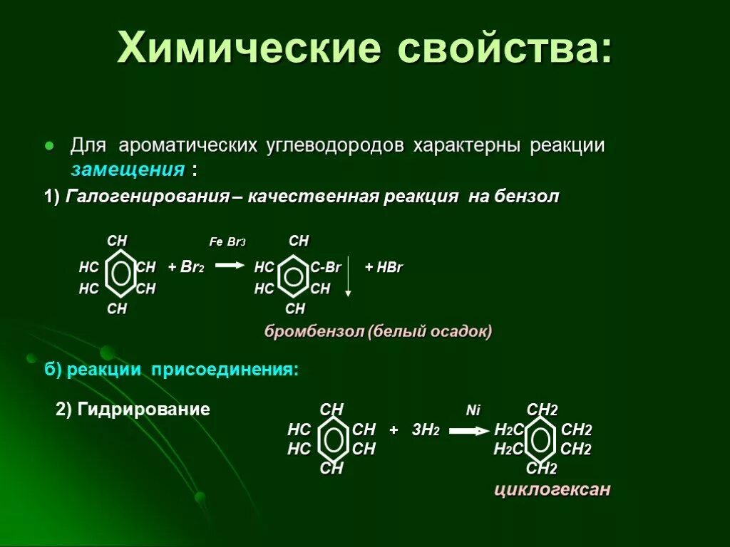 Качественная реакция на арены бензол. Химические свойства ароматических углеводородов с уравнениями. Реакция галогенирования ароматических углеводородов. Химические свойства характерны для ароматические углеводородов.