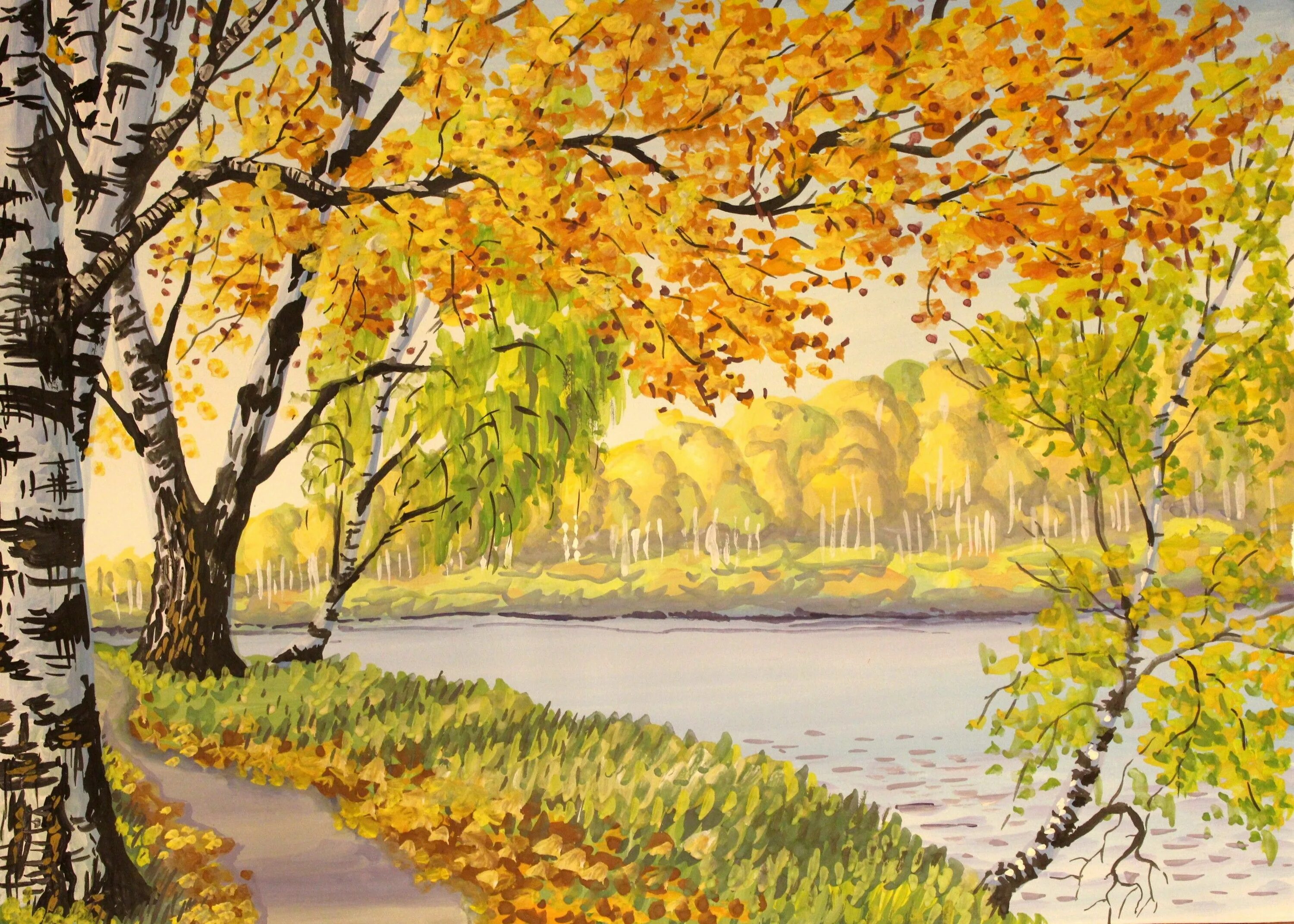 Осень картинки пошагово. Осенний пейзаж гуашью. Пейзаж осень гуашью. Рисование осеннего пейзажа гуашью. Поэтапное рисование осеннего пейзажа.