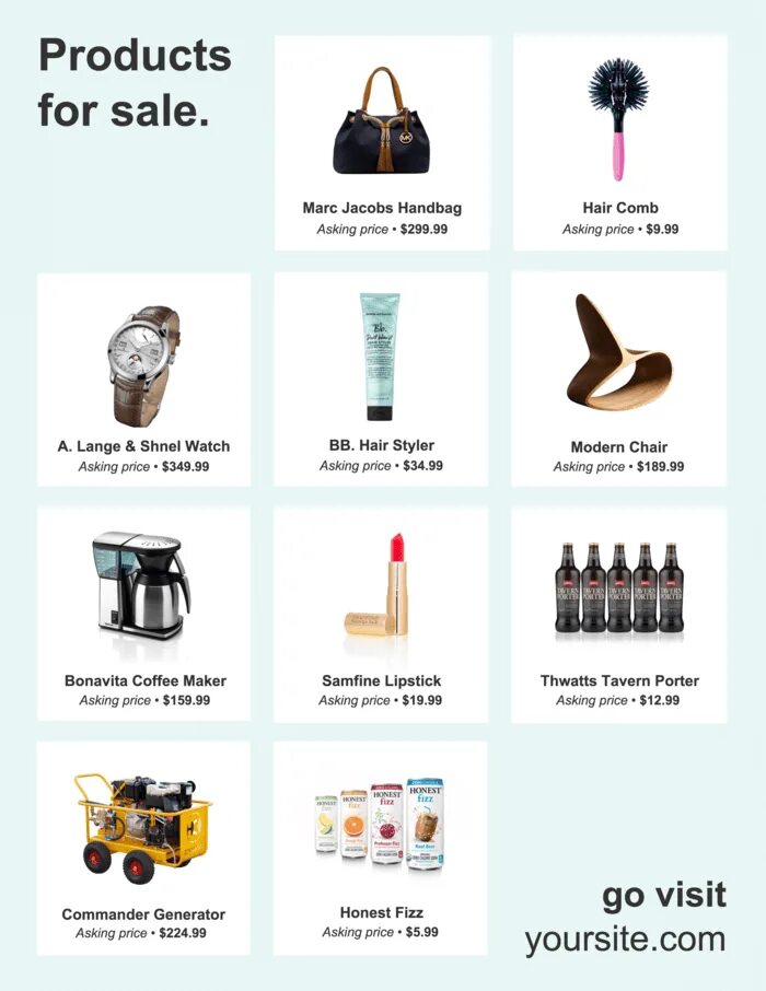 Products for sale. Flyer with product example. Product Hunt. Ads Buklet create maker. A lot more items