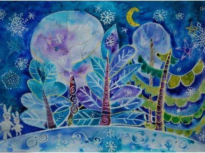 Тема зимние чудеса. Рисование восковыми мелками и акварелью. Зимние фантазии изо. Волшебные краски зимы. Рисунок восковыми мелками и акварелью.