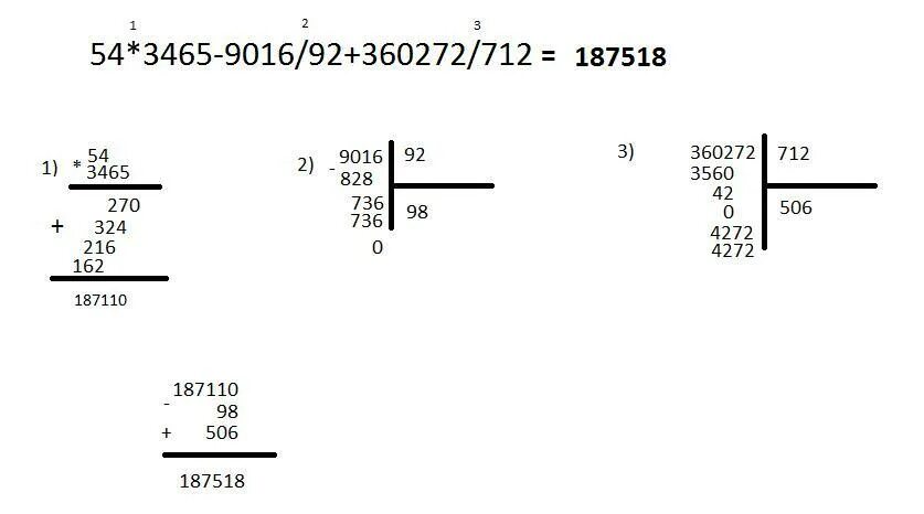 54 3465 9016 92 360272 712 Столбиком. 54 · 3465 − 9016 : 92 + 360272 : 712 Решение. 54 · 3465 - 9016 : 92 + 360272 : 712 Ответ столбиком. 9016 92 Столбиком. 2000 0 1 7