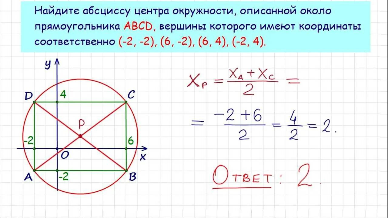 Центр описанного круга. Как найти абсциссу центра окружности. Координаты центра описанной окружности. Найдите координаты центра окружности. Найдите абсциссу центра окружности описанного около прямоугольника.