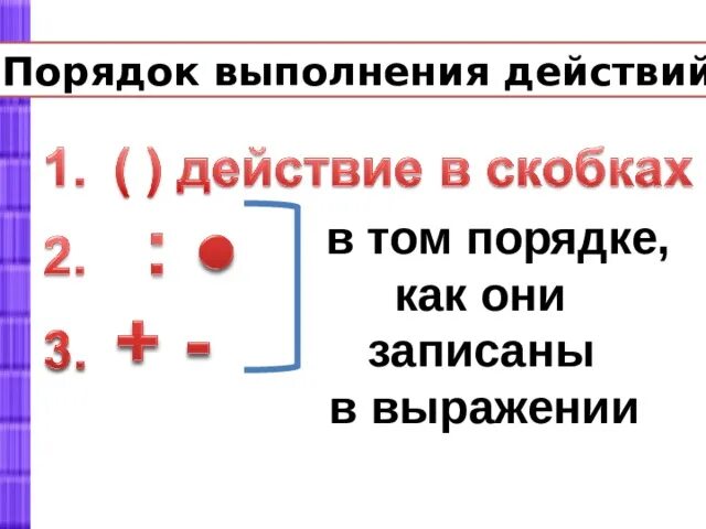 Алгоритм порядка выполнения действий в выражениях со скобками. Порядок действий в выражениях схема. Порядок дейсвий в выражений. Примеры на порядок действий. Порядок действий в примере без скобок