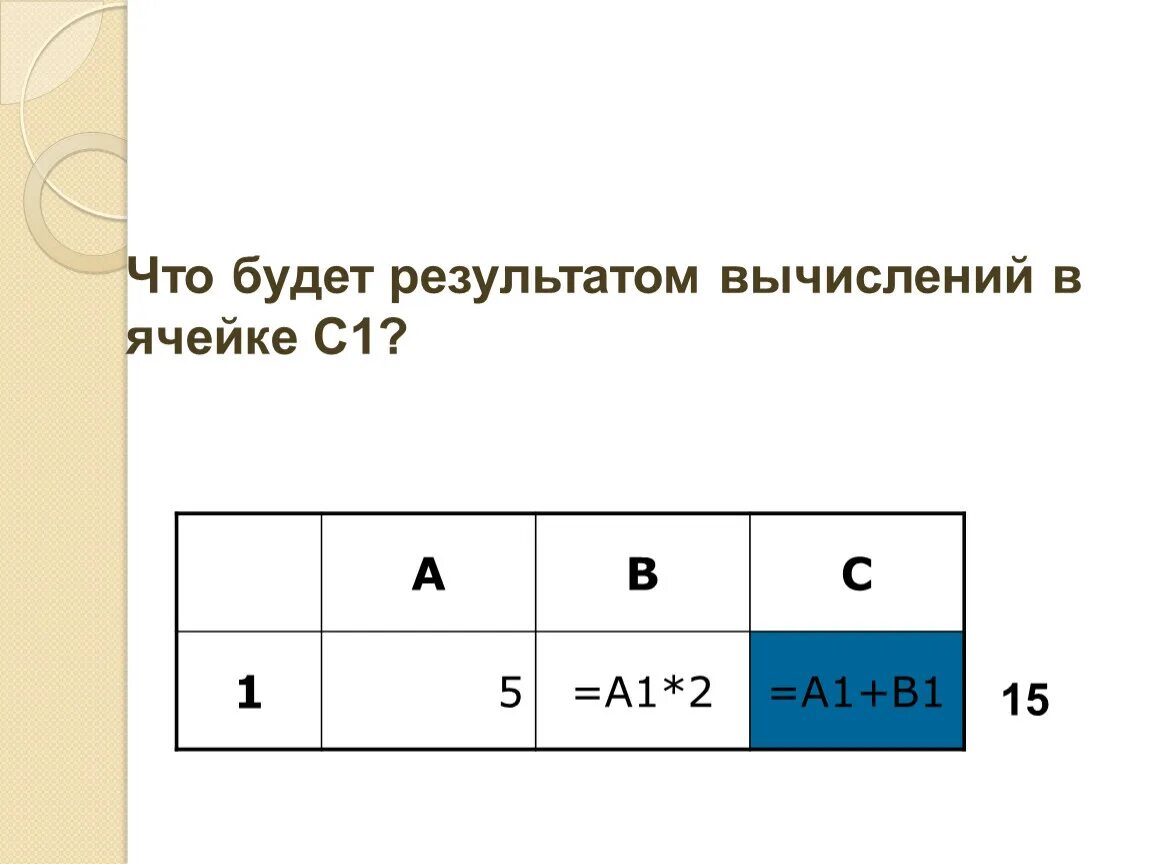 Результатом вычислений в ячейке с1 будет: а в с 1 5 =а1*2 =а1+в1. Результатом вычислений в ячейке с1 будет. Результат в ячейке с1. Результатом вычислений в ячейке с1.