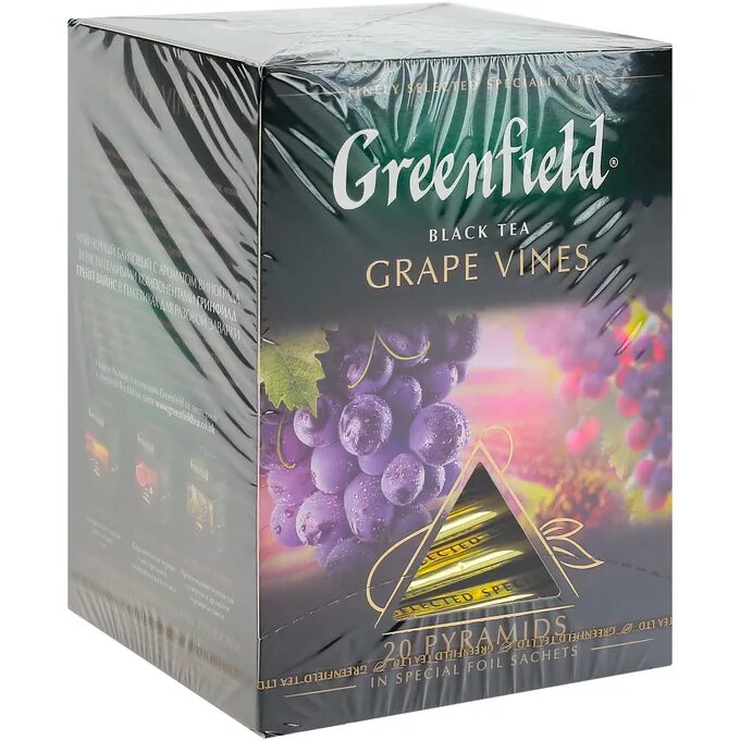 Чай Гринфилд grape. Чай в пирамидках черный Greenfield grape Vines, 20 шт. Гринфилд виноград в пирамидках. Чай Гринфилд в пирамидках с виноградом.