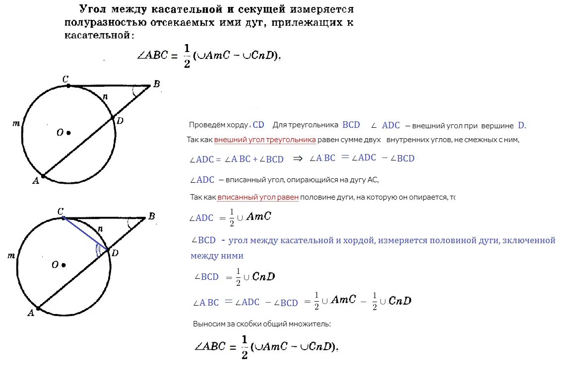 Касательная к окружности дано доказать. Угол между касательной и секущей. Угол между секущей и касательной к окружности. Чему равна дуга между секущей и касательной. Таблица 9.5 вписанные углы угол между касательной.