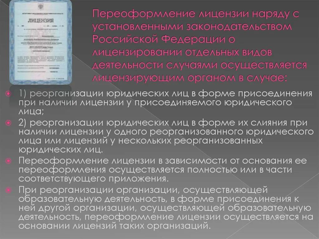 Порядок переоформления лицензии. Основания для переоформления лицензии. Укажите основания для переоформления лицензии. В случае реорганизации юридического лица лицензия.