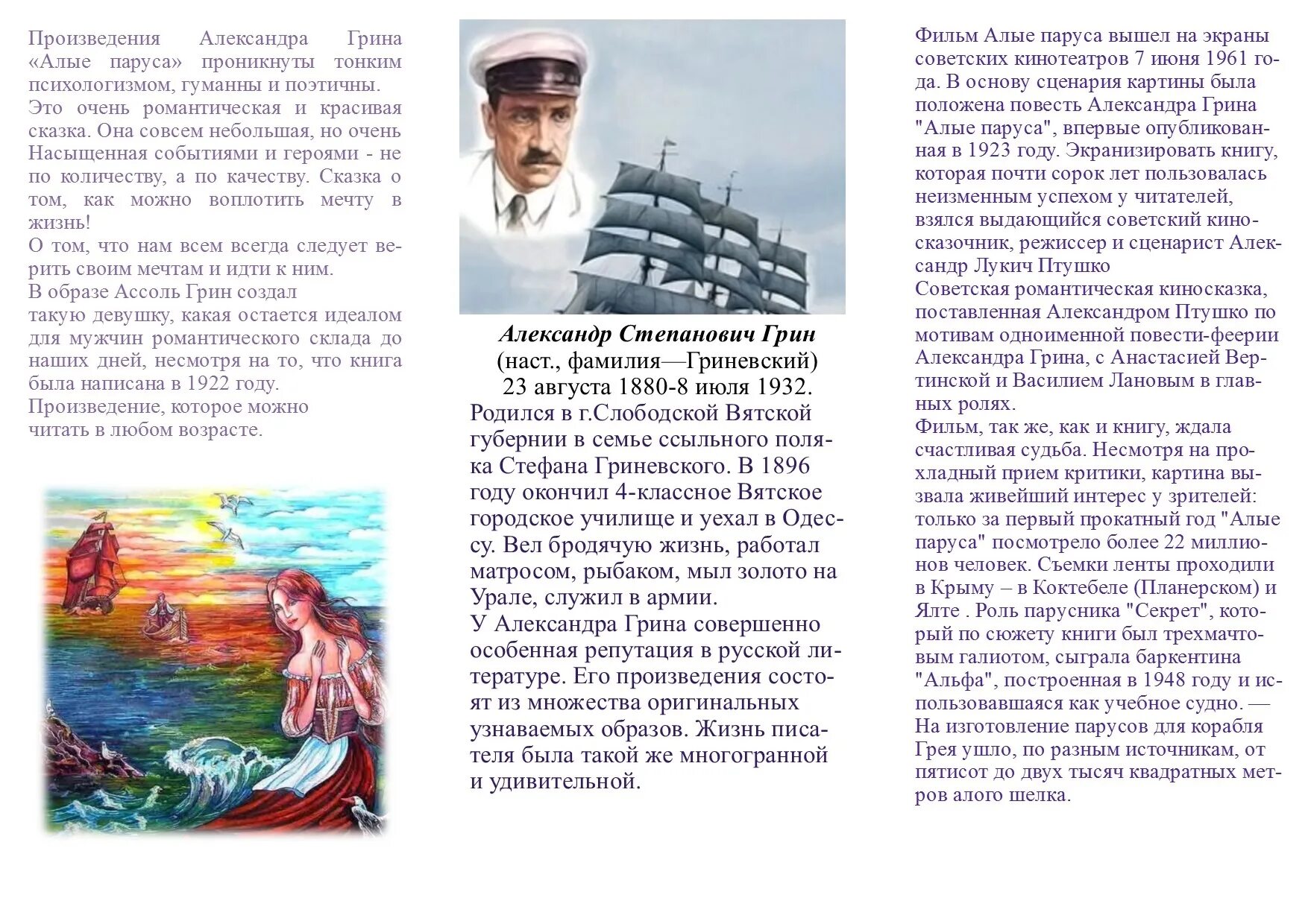 Сочинение на тему грин. Буклет алые паруса грин. 1 глава повести а грина алые паруса.