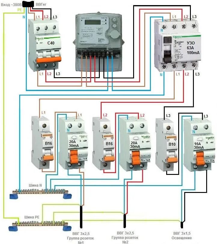 Можно ли использовать землю в качестве фазного. Схема подключения трехфазного УЗО трехфазного автомата. Схема подключения УЗО 380в трёхфазный. Схема подключения вводного автомата и УЗО 3 фазы. Схема подключения УЗО 3 фазы.