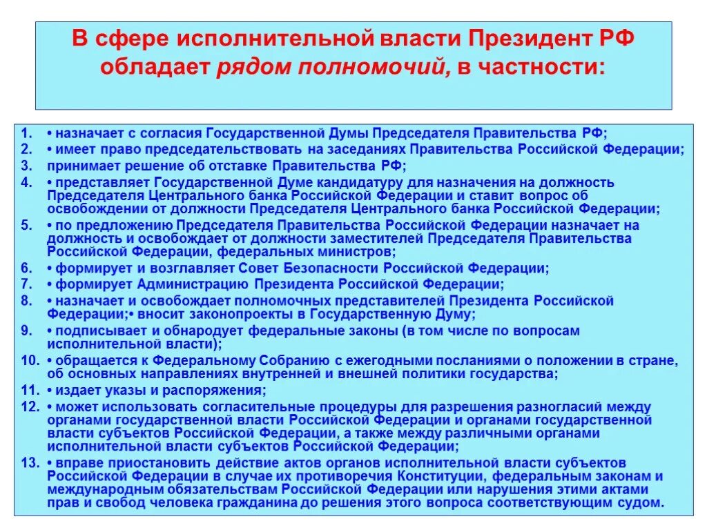 Компетенции органов исполнительной власти рф. Административно-правовые полномочия президента РФ. Полномочия президента РФ В сфере исполнительной власти схема. Функции президента в исполнительной власти. Полномочия президента РФ В исполнительной власти.