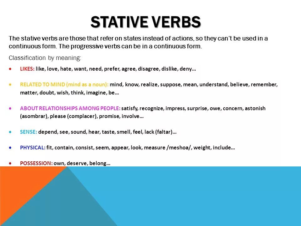 Take stative verbs. Take stative verbs