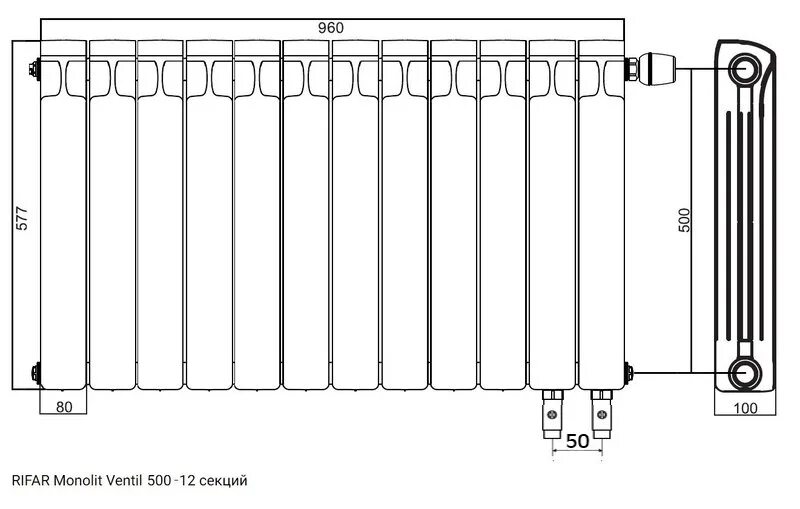Подключение радиаторов rifar monolit. Monolit 500 Ventil 12 секций. Габариты радиатора отопления Рифар монолит 500. Rifar Monolit 500 ширина секции. Батарея Рифар монолит 350 с нижним подключением габариты.