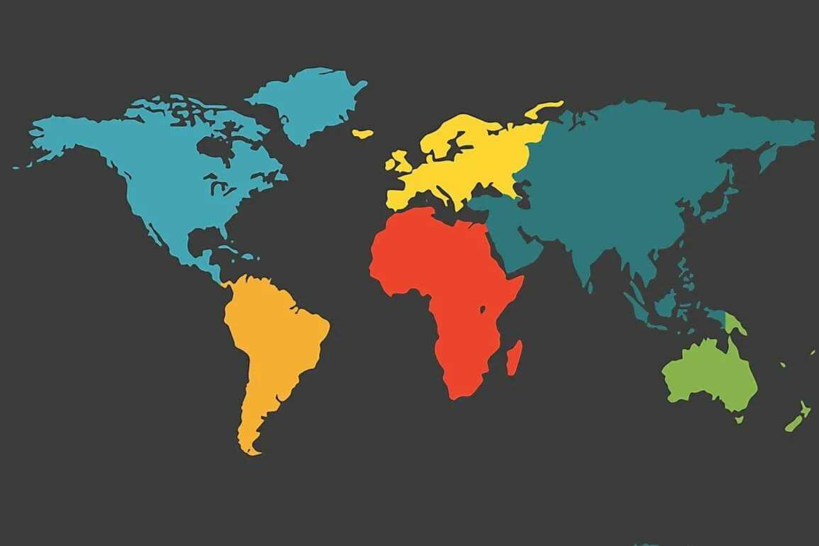 Карта континентов. Азия и Африка. Материки с флагом на планете.