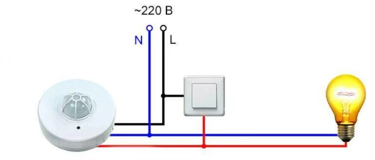 Выключатель с датчиком движения схема. Датчик движения для включения света схема подключения с выключателем. Схема подключения 3 датчиков движения на лампочку. Схема подключения диодного прожектора с датчиком движения. Схема подключения датчика движения с выключателем.