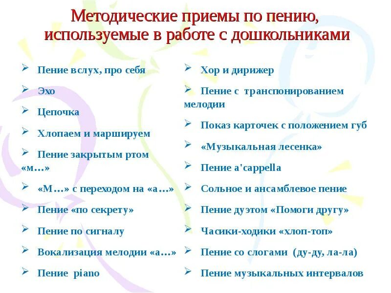 Методы работы на уроке музыки. Вокальные приемы. вокальные приёмы в пении. методические приемы в музыке. методы и приемы обучения пению детей дошкольного возраста.