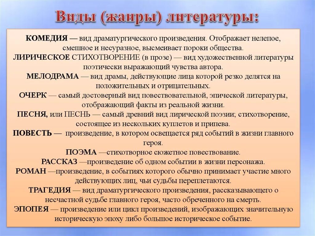 Особенности формы произведения. Жанры литературы. Виды художественной ли. Виды произведений в литературе. Основные литературные Жанры.