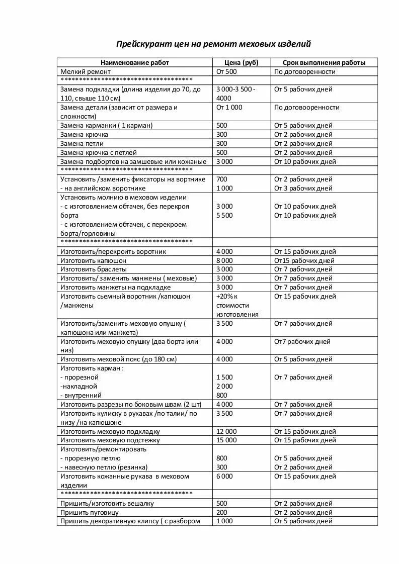 Прайс ремонт одежды 2025. Прейскурант меховых изделий. прейскурант на ремонт меховых изделий. прейскурант на пошив одежды в ателье. прейскурант по ремонту кожаных изделий.