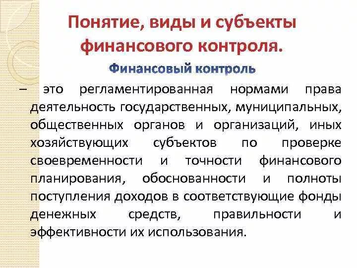 Хозяйствующие субъекты финансового контроля. Субъекты финансового контроля.