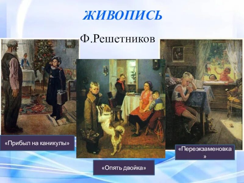 Ф. Решетникова «прибыл на каникулы» (1948). Фёдор Павлович Решетников переэкзаменовка. Ф Решетников прибыл на каникулы 1948. Прибыл на каникулы описание