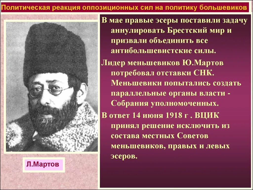 Мартов Меньшевик. Правые эсеры. Эсеры в гражданской войне. Лидер правых эсеров. Создание первого антибольшевистского правительства