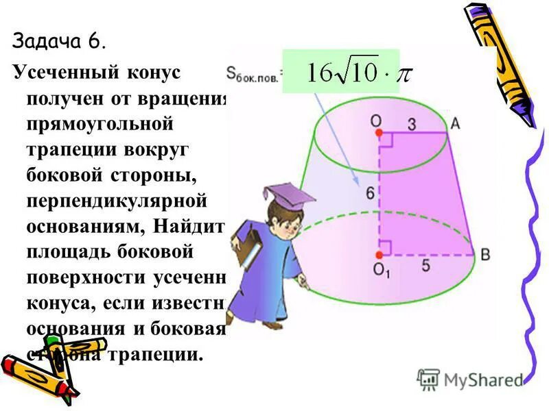 Площадь боковой стороны усеченного конуса. Усеченный конус получен от вращения прямоугольной трапеции. Вращение конуса вокруг боковой стороны.