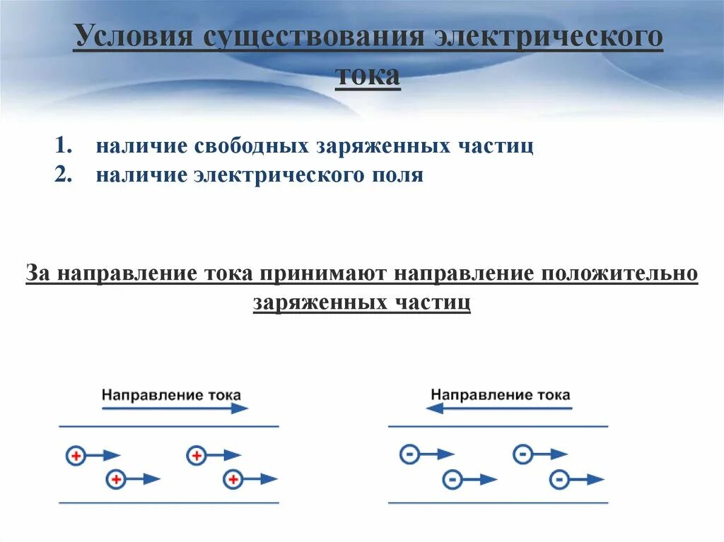 Условия существования Эл тока. Условия существования постоянного электрического тока. Электрический ток условия существования электрического тока. Условия возникновения электрического тока. За направление силы тока принято