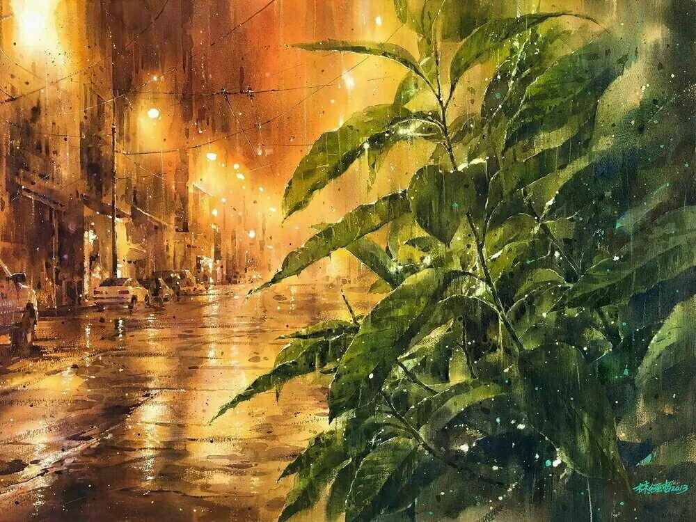 Дождь в большом городе. Акварель живопись Lin Ching che. Лин Чинг че художник. Картины художника Лин Чинг. Тайваньский художник Lin Ching che.