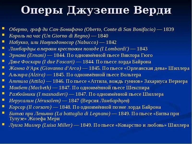 Опера известные произведения. Список опер Джузеппе Верди. Известные произведения Верди.