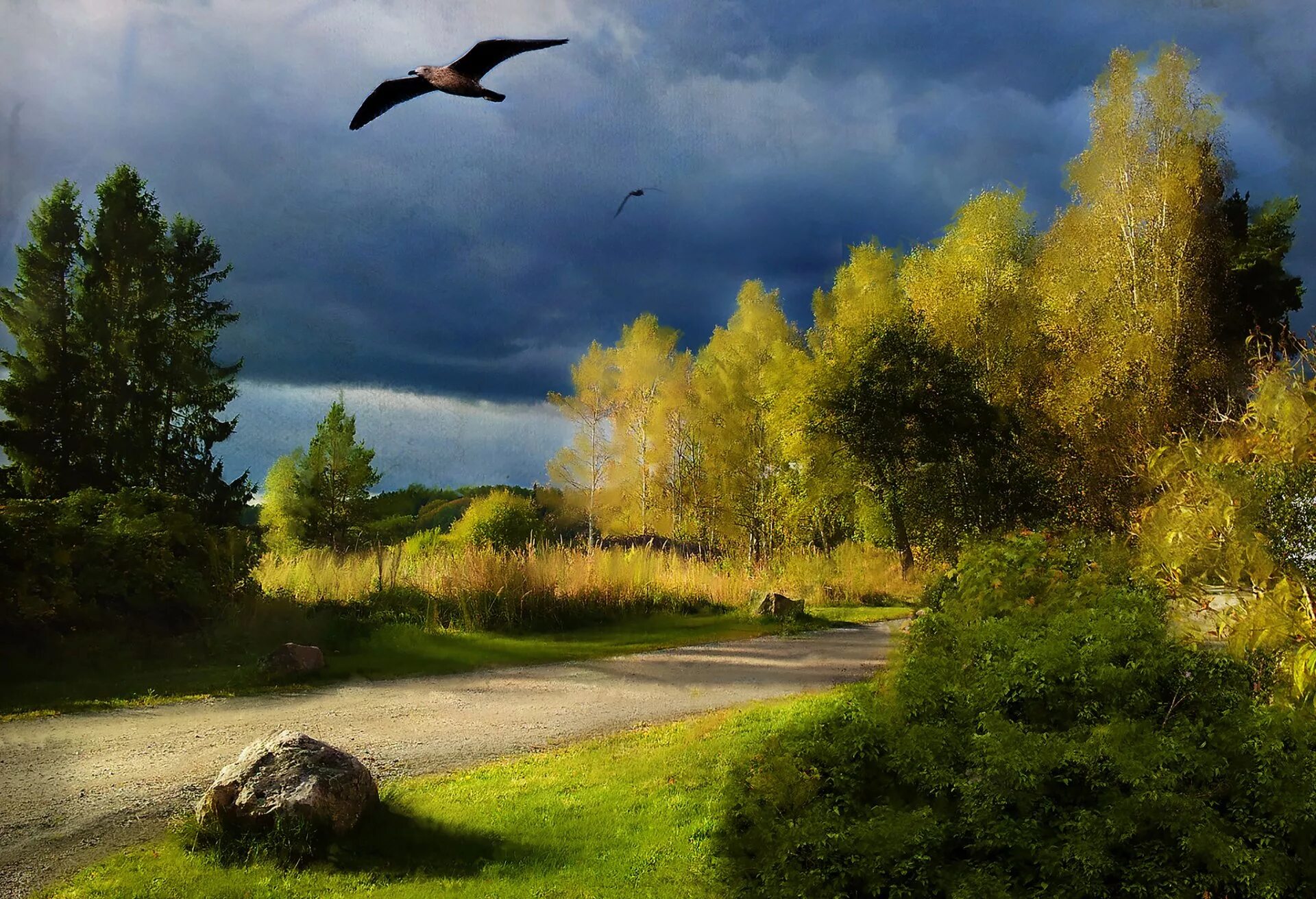 Русь матушка. Сила рода. Облака плывут. Над полем над лесом ангел. Пейзаж.