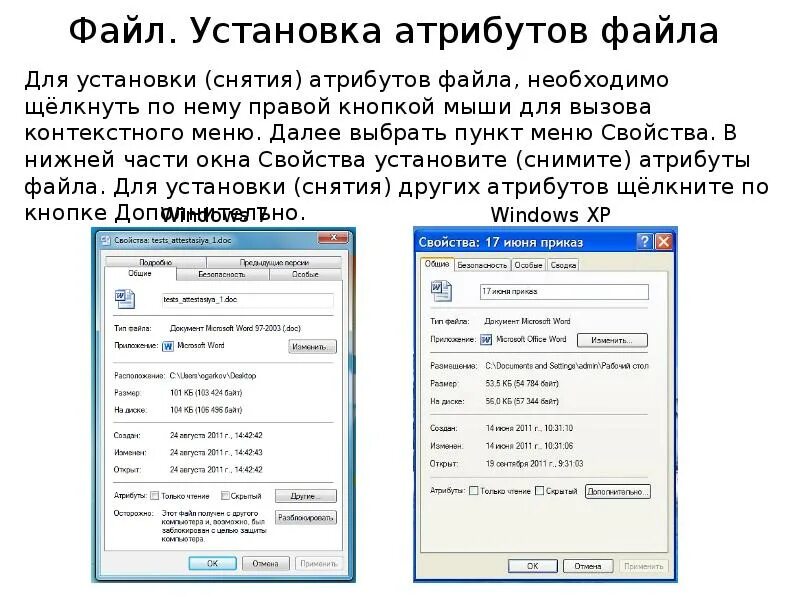 Меню вызываемое правой кнопкой мыши. Файл установки. Свойства файла. Установленные файлы. Чтение атрибутов файлов.