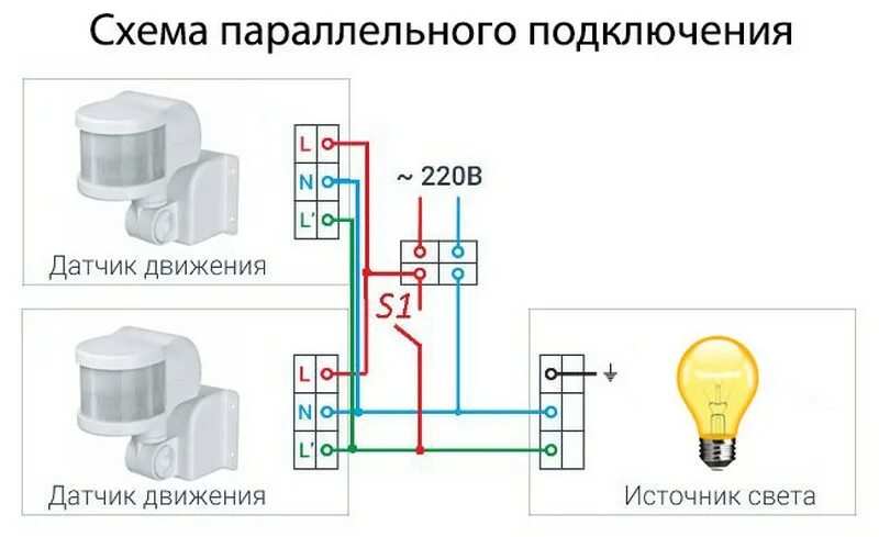 Поставить датчик движения на свет. Схема подключения двух датчиков движения и выключателя. Схема подключения датчика движения параллельно. Схема подключения двух датчиков движения для освещения. Схема подключения проходного датчика движения.