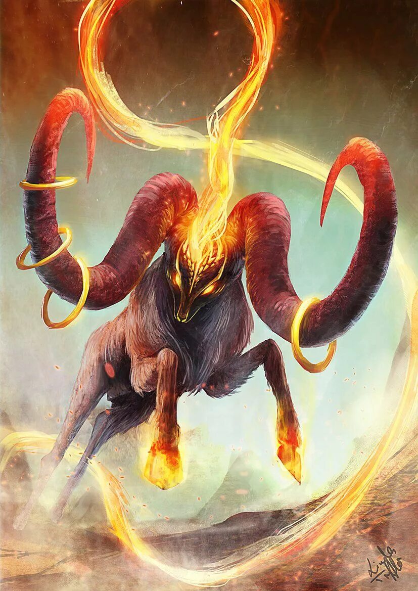 Мифические существа Овен баран. Огненный Овен. Огненные существа. Огненный баран.