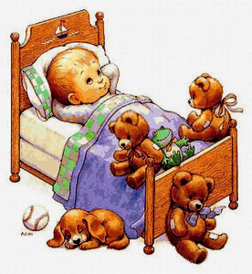 Медвежонок в кроватке. Рисунок дети спят