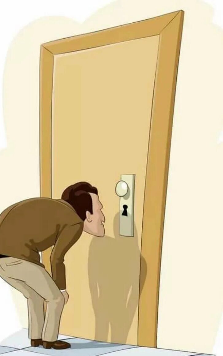 Подсмотрели через дверь. Человек заглядывает в дверь. человек заглядывает в комнату. дверь иллюстрация.