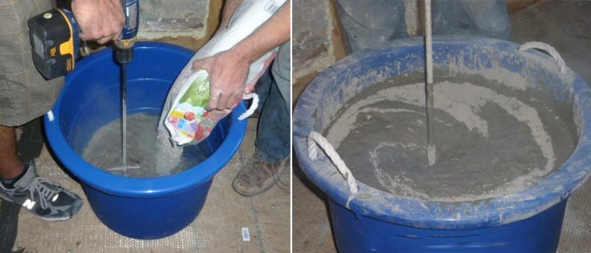 Взбить яйца с молоком. Приготовление заливки. Емкость с миксером для наливного пола. Замешивание бетонной смеси. 4.