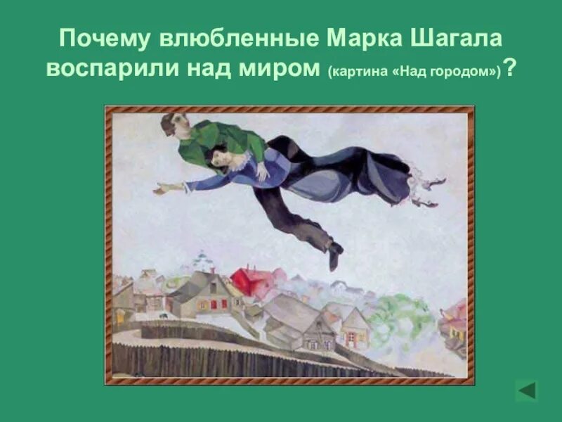 Формула шагала. Картина марка Шагала влюбленные над городом.