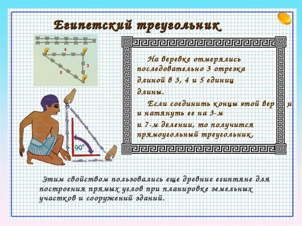 Теорема пифагора интересное. Египетский треугольник Пифагора. Теорема Пифагора Египетский треугольник. Египетский треугольник 8 класс. Теорема Пифагора в Египте.