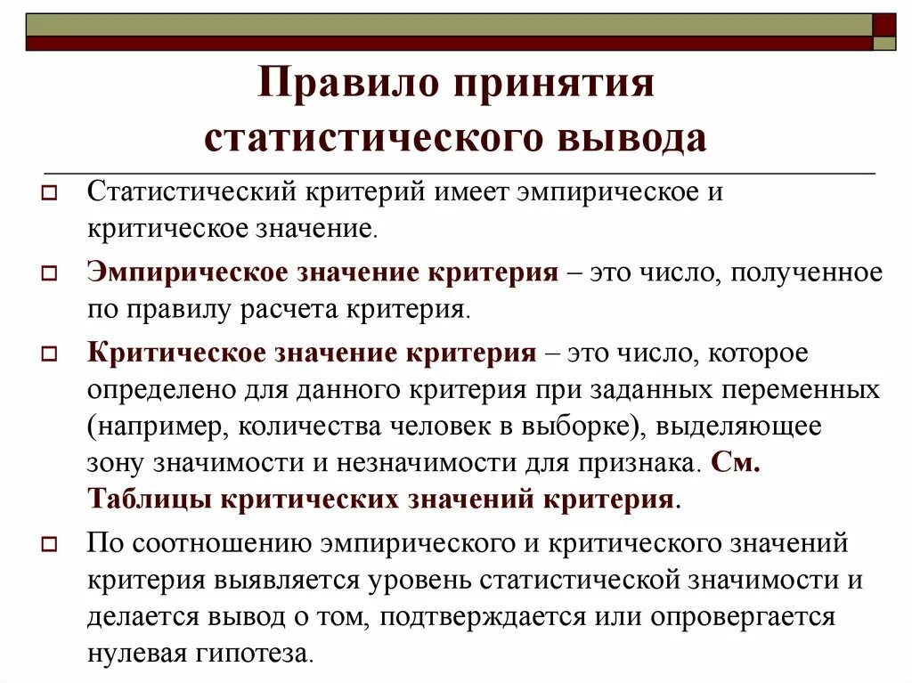 Методы статистического вывода. Критерии и методы статистического вывода:. Эмпирическое значение. Значение статистического критерия. Теория статистического вывода.