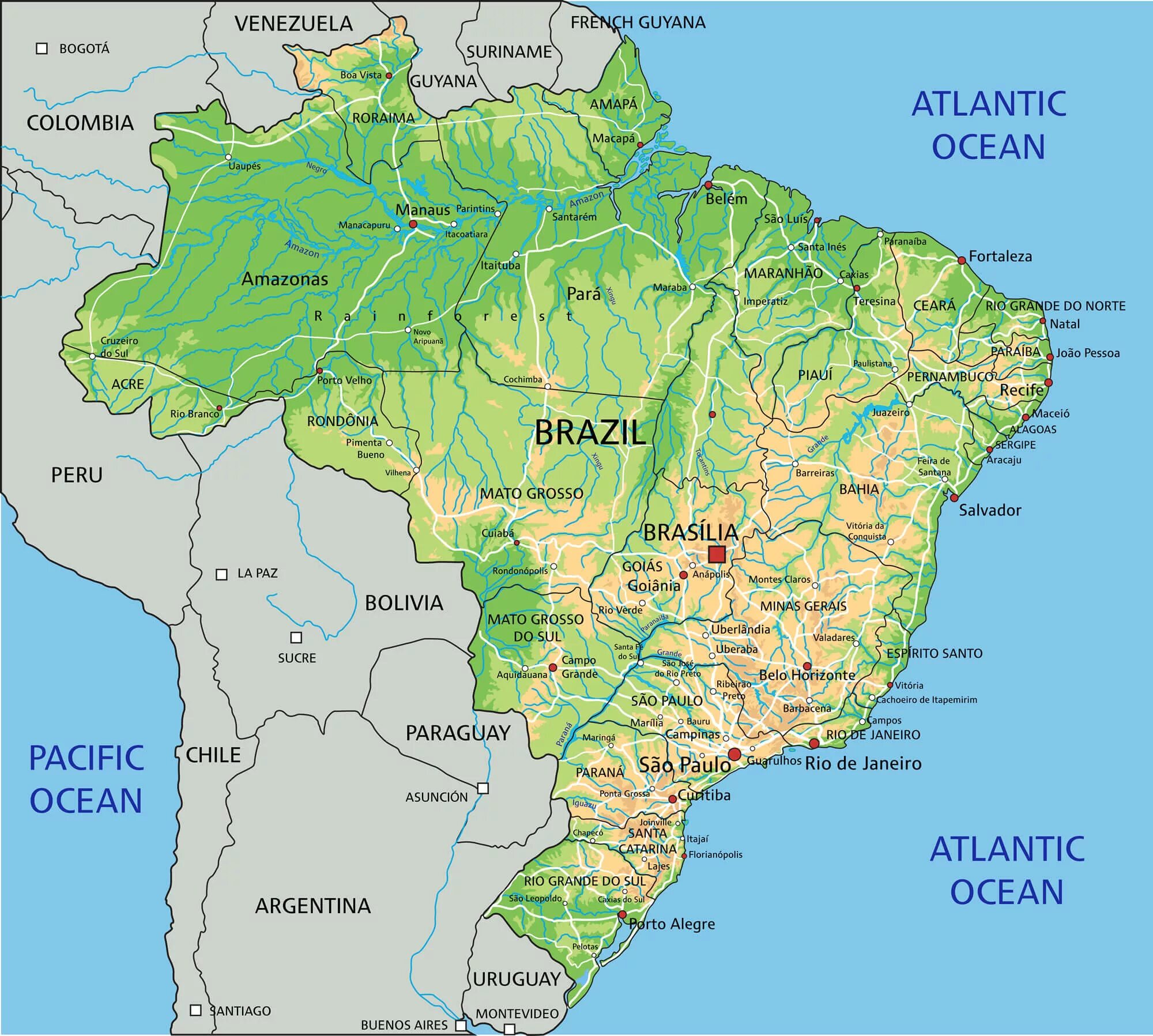 Карта Бразилии географическая. Бразилия на карте Южной Америки. Физическая карта Бразилии. Расположение Бразилии на карте. Какой океан омывает бразилию